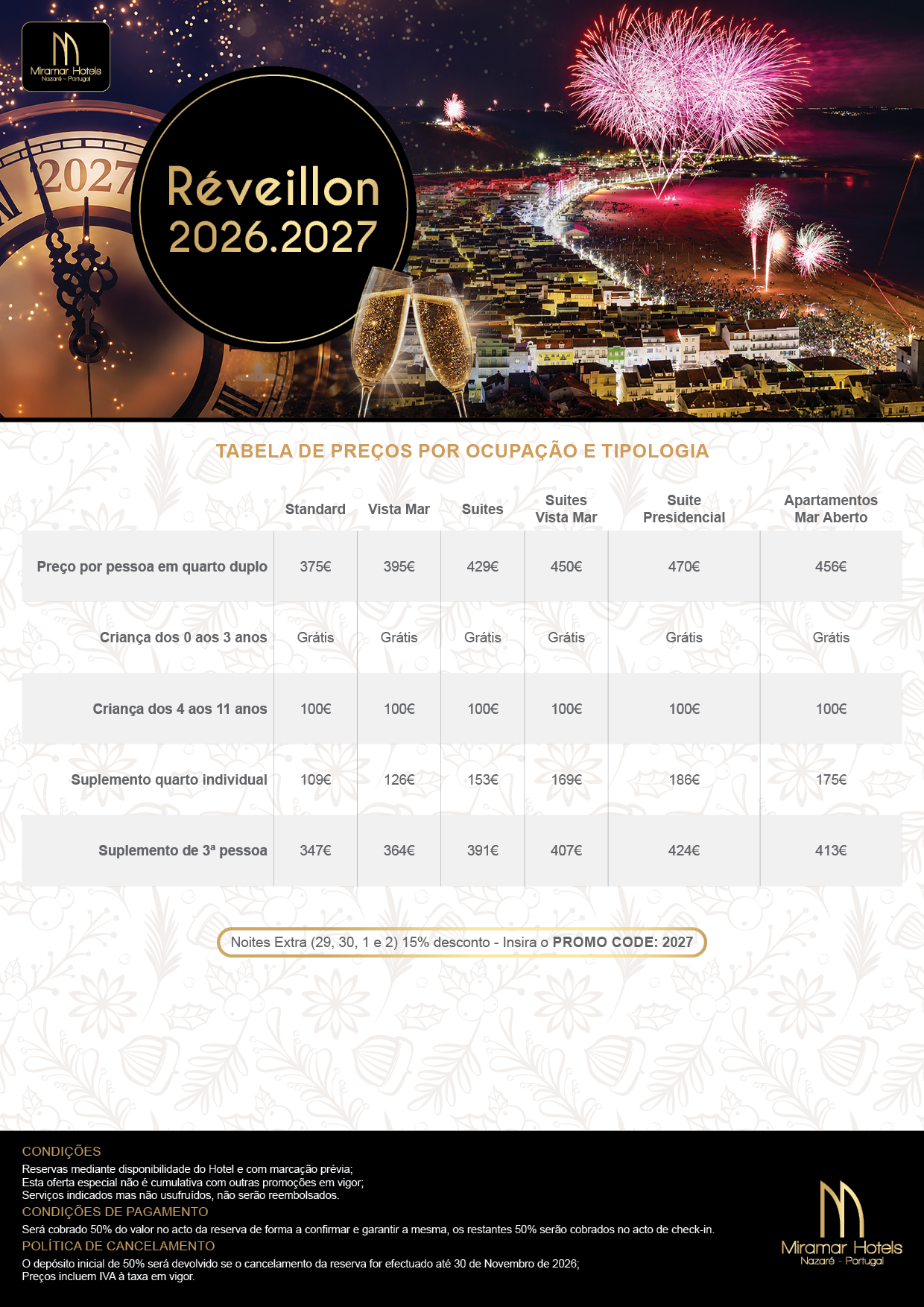 Segunda página da oferta oficial com a tabela de preços, ocupações e tipologias do Réveillon 2026/2027